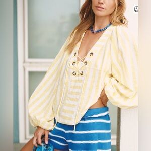Anthropologie Linen Striped Dolman Lace Up Blouse NWT